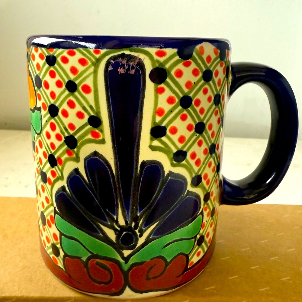 TALAVERA Mexican Folk Art Pottery Navy Blue Coffee Mug Hand Painted Lead Free